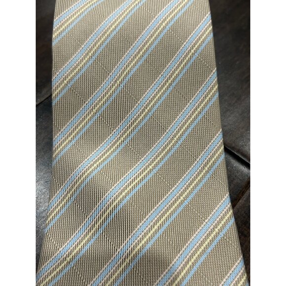 Kai Long Striped Silk Tie Beige Blue Adjustable Fit Lightweight Formal Career - Picture 3 of 6